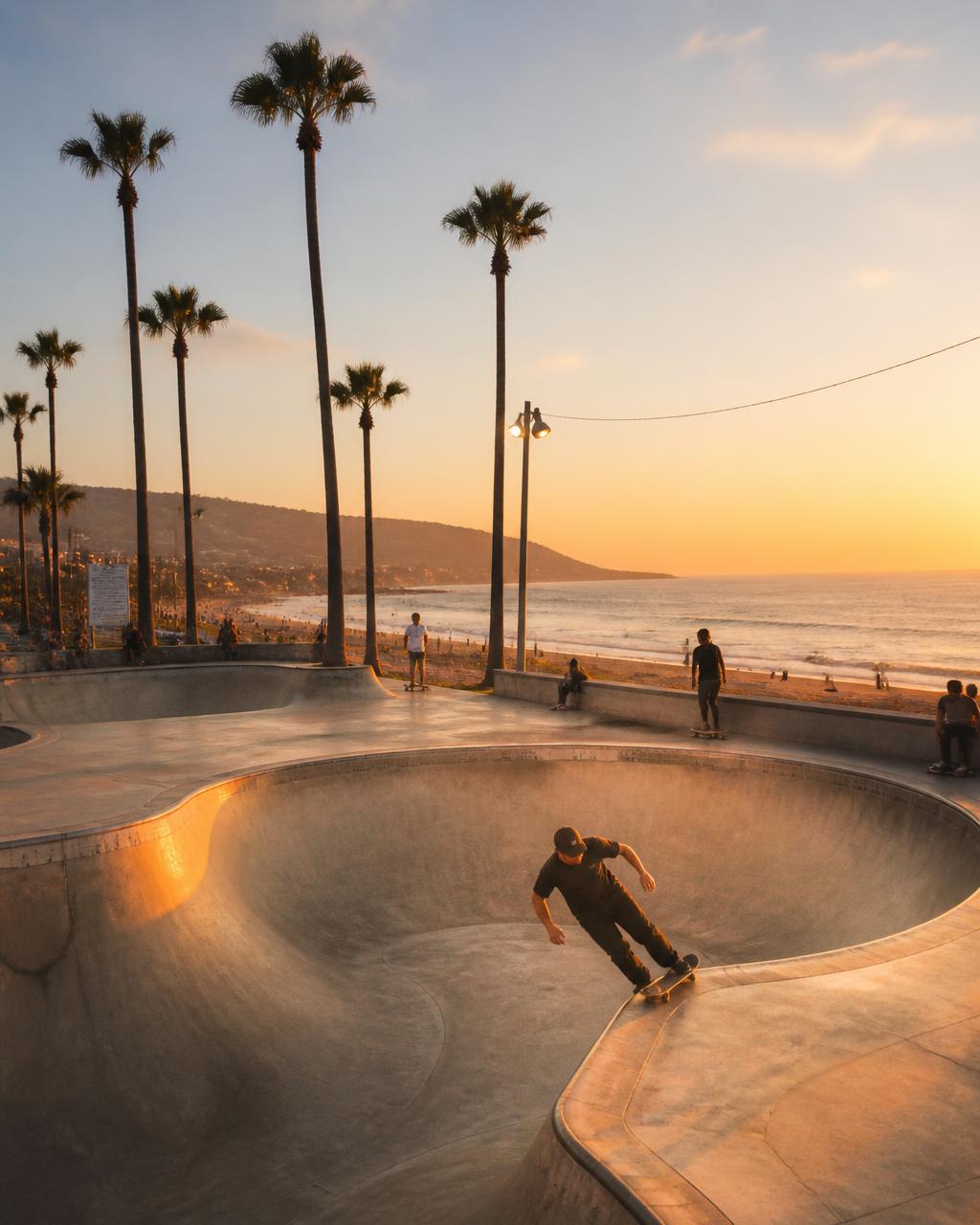 Coastal skatepark bowl at sunset with palm trees near Taghazout and Tamraght, Morocco