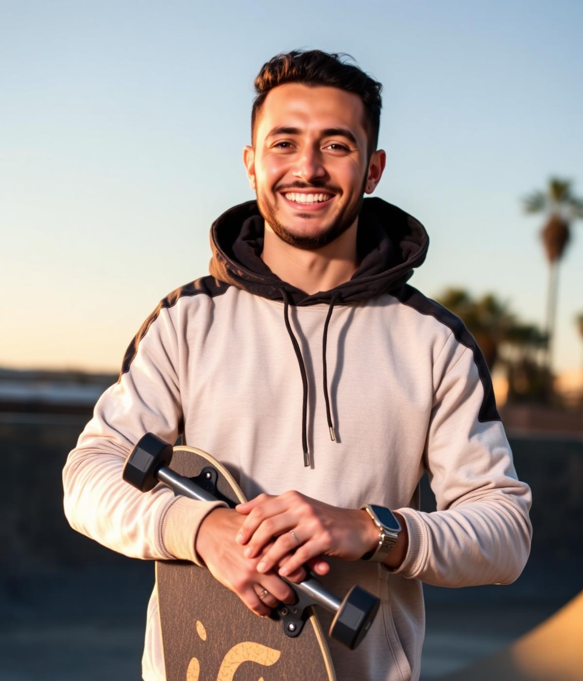 Founder and coach of Casa Skate Club holding a skateboard