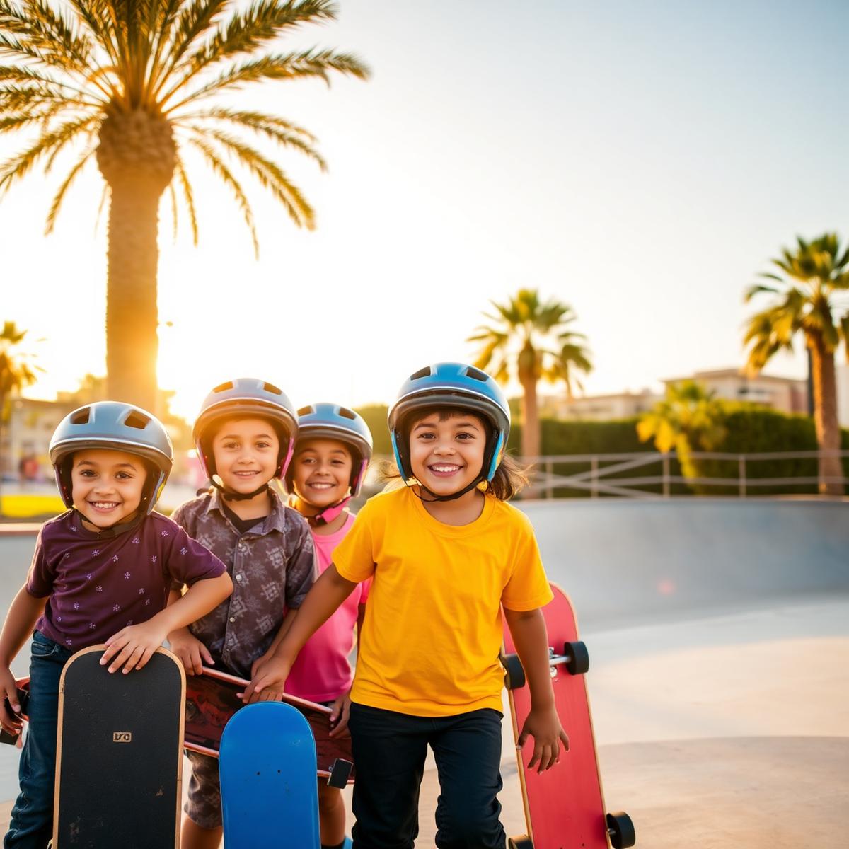 Kids with skateboards and helmets at a Casablanca skatepark