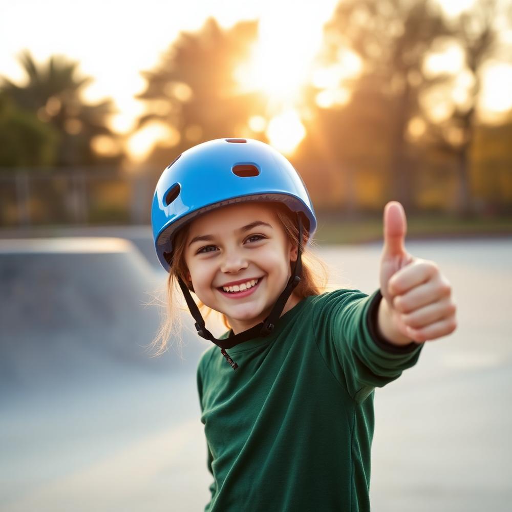 Young skater smiling with a thumbs up at a skatepark